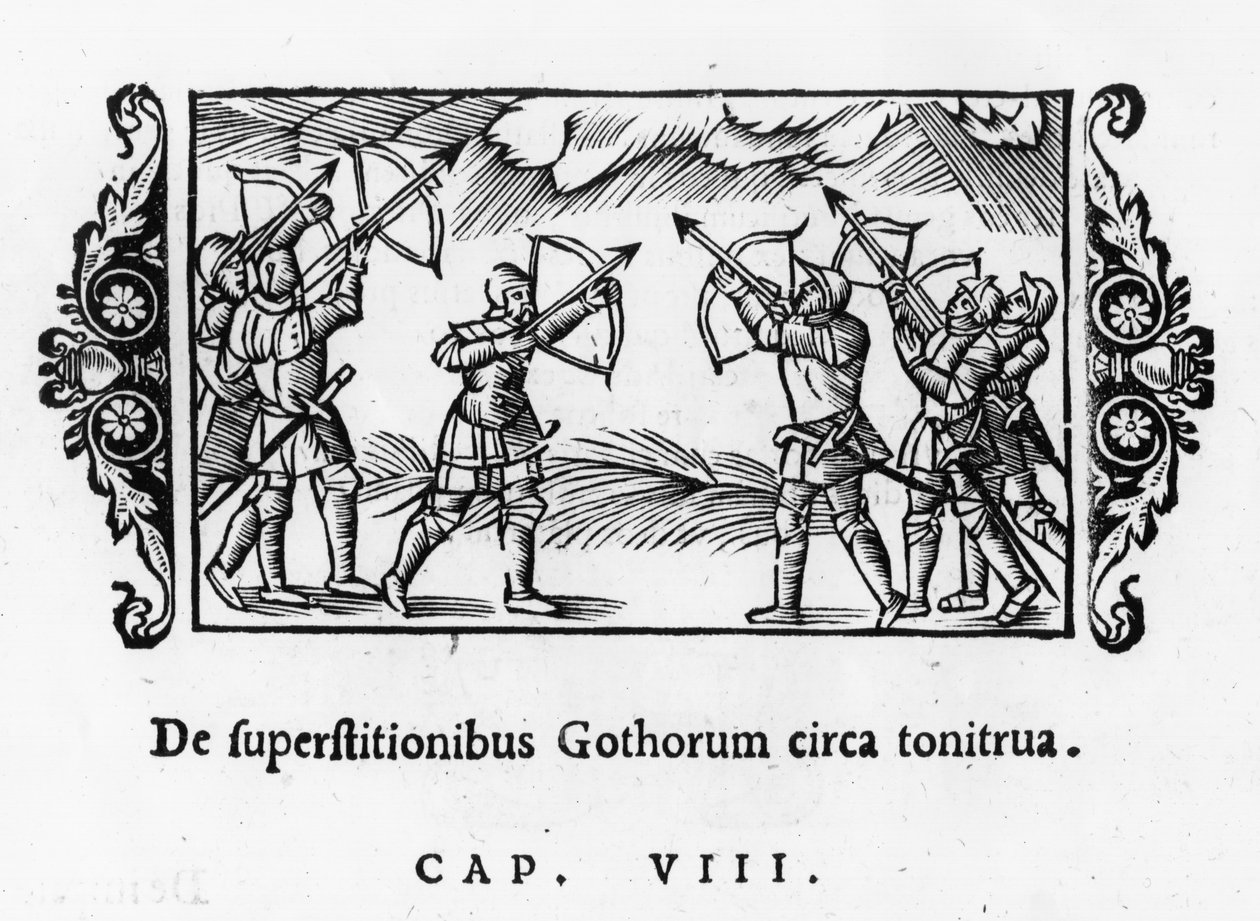 Skandinávci používající své šípy k odražení hromu, z Historia de Gentibus Septentrionalibus od Olause Magnuse (1490-1557) publikovaného v Římě, 1555 od Italian School