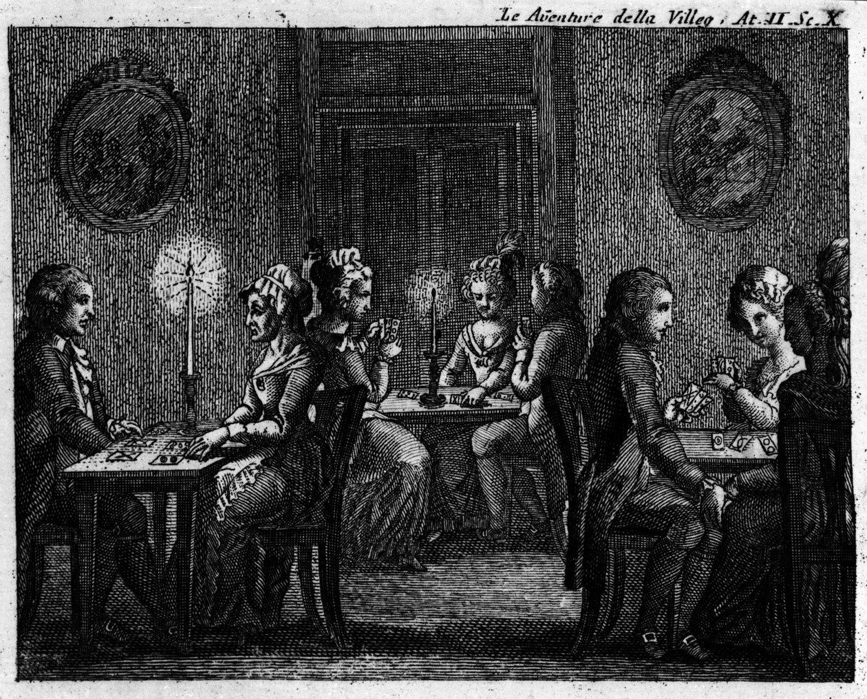 Scéna 10 dějství II komiksu „The avventure della villeggiatura““ (Dobrodružství města) (1756) od Carla Goldoniho (1707-1793): hrací stoly. Rytina 18. století od Italian School
