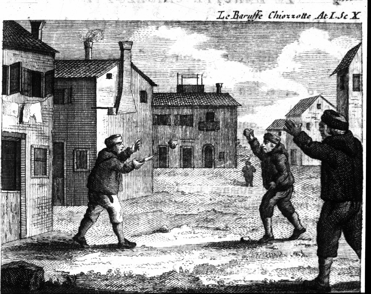 Scéna 10 z prvního dějství komiksu „Le baruffe chiozzotte“ (Baroufe a Chioggia) (1762) od Carla Goldoniho (1707-1793). Rytina 18. století od Italian School