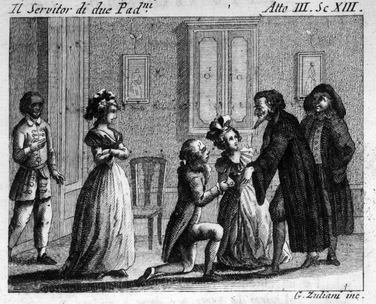 Scéna 13 dějství III z komiksu „“ Arlecchino servitore di due padroni“ (Harlekýnský sluha dvou pánů) (1745) od Carla Goldoniho (1707-1793). Rytina 18. století od Italian School