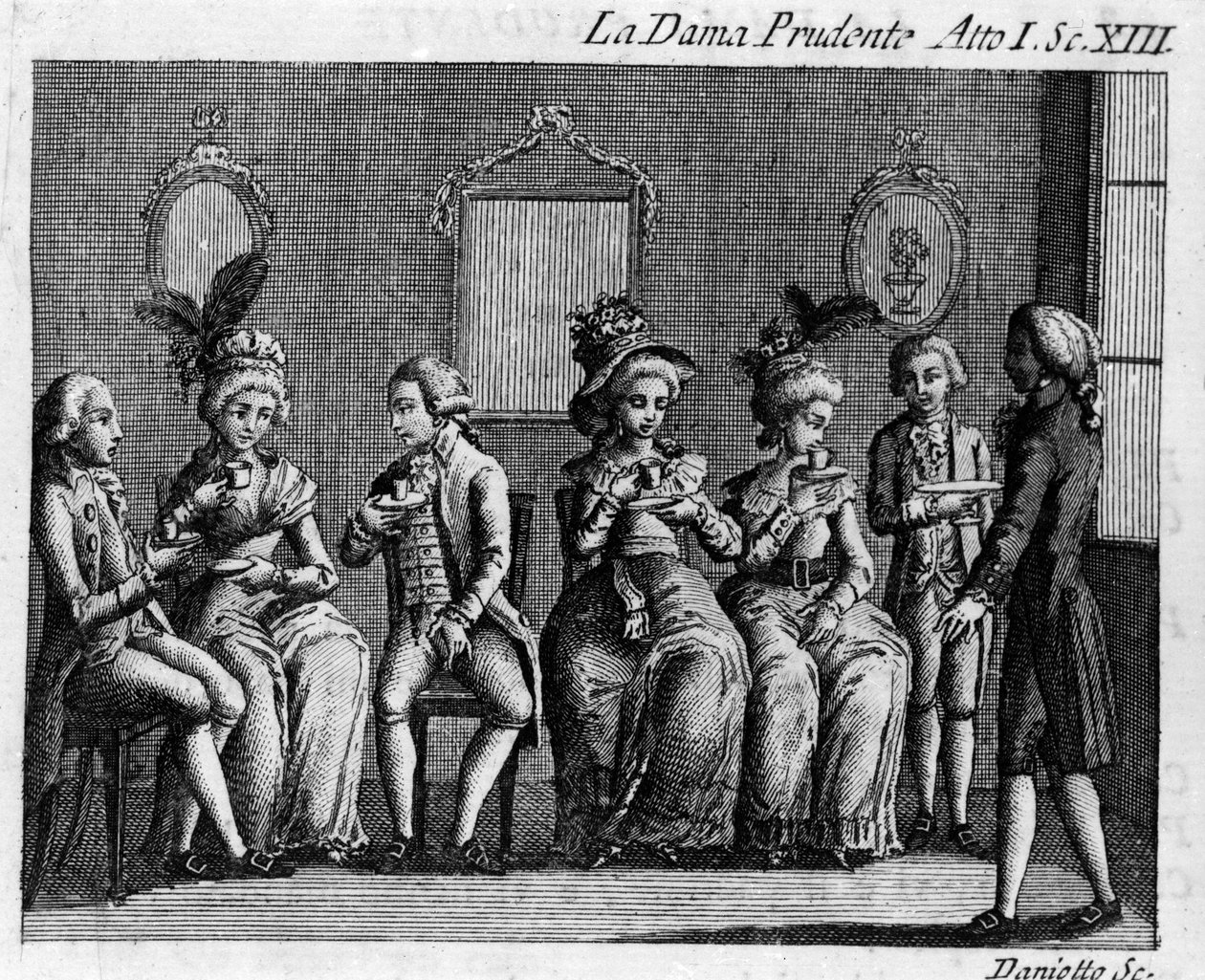Scéna 13 dějství 1 komiksu „La dama prudente““ (Obezřetná manželka) (1751) od Carla Goldoniho (1707-1793). Rytina 18. století od Italian School