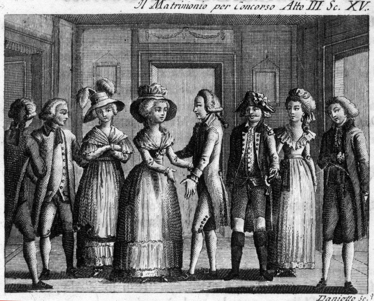Scéna 15 dějství III z komiksu „Il matrimonio per concorso““ od Carla Goldoniho (1707-1793). Rytina 18. století. od Italian School
