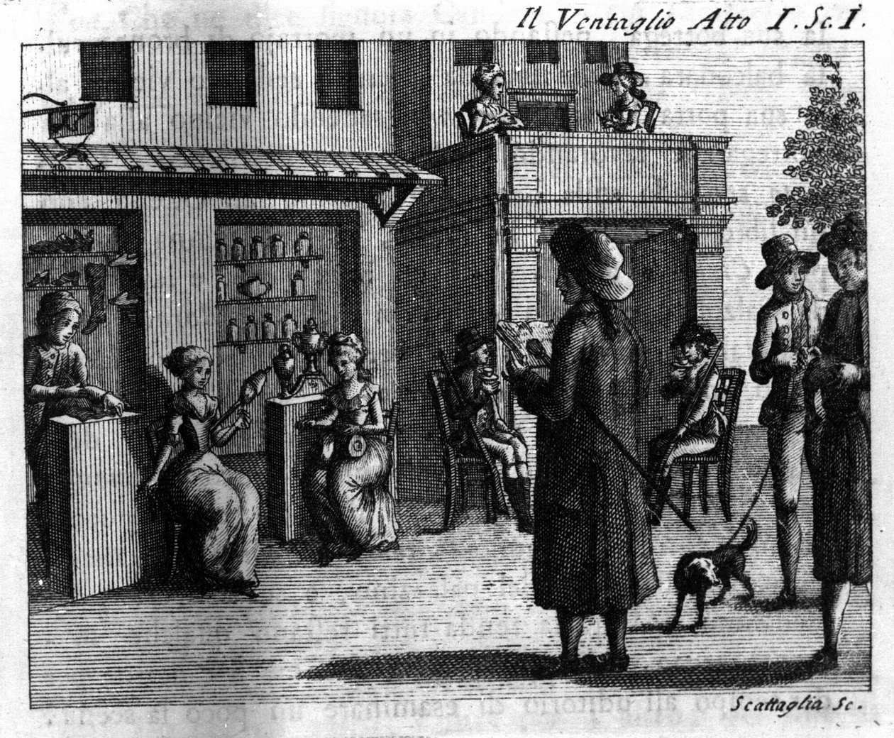 Scéna 1 z prvního dějství komiksu „Il ventaglio““ (Událost) (1764) od Carla Goldoniho (1707-1793). Rytina 18. století od Italian School