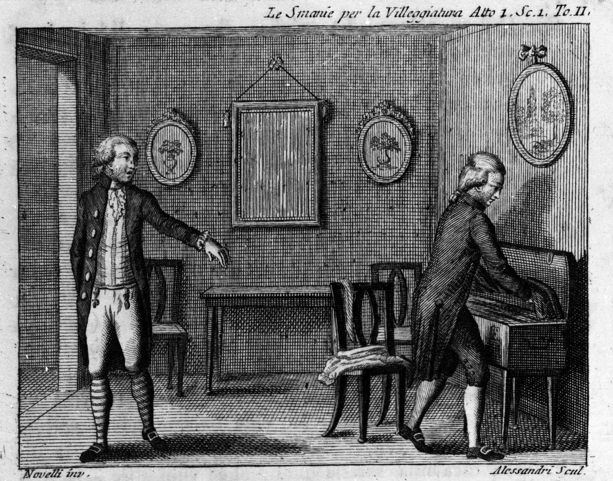 Scéna 1 z prvního dějství komiksu „Le smanie per la villeggiatura““ (La ville) (1761) od Carla Goldoniho (1707-1793). Rytina 18. století. od Italian School