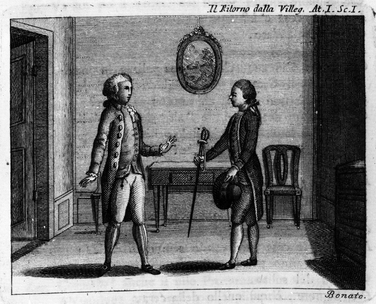 Scéna 1 z prvního dějství komiksu „Ritorno della villeggiatura“ (Návrat města) (1761) od Carla Goldoniho (1707–1793). Rytina 18. století od Italian School