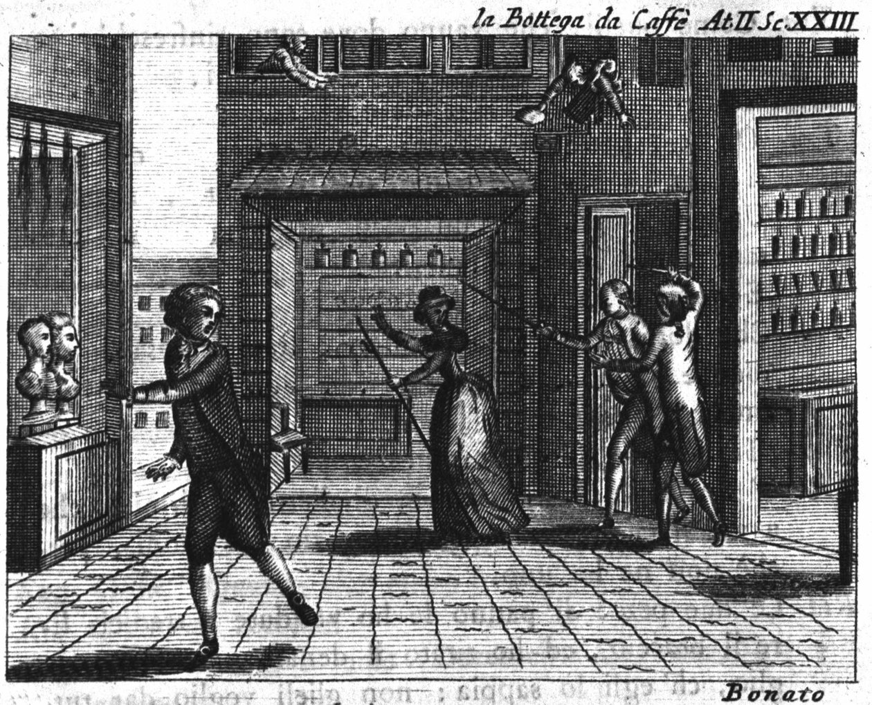 Scéna 23 dějství II komiksu „La bottega del caffe““ (Kavárna) (1750) od Carla Goldoniho (1707–1793): stoly s hrami. Rytina 18. století od Italian School