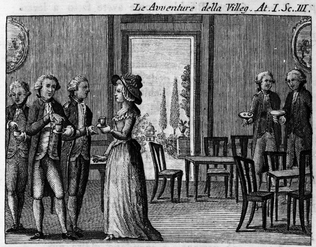 Scéna 3 z prvního dějství komiksu „The avventure della villeggiatura““ (Dobrodružství města) (1756) od Carla Goldoniho (1707–1793). Rytina 18. století od Italian School