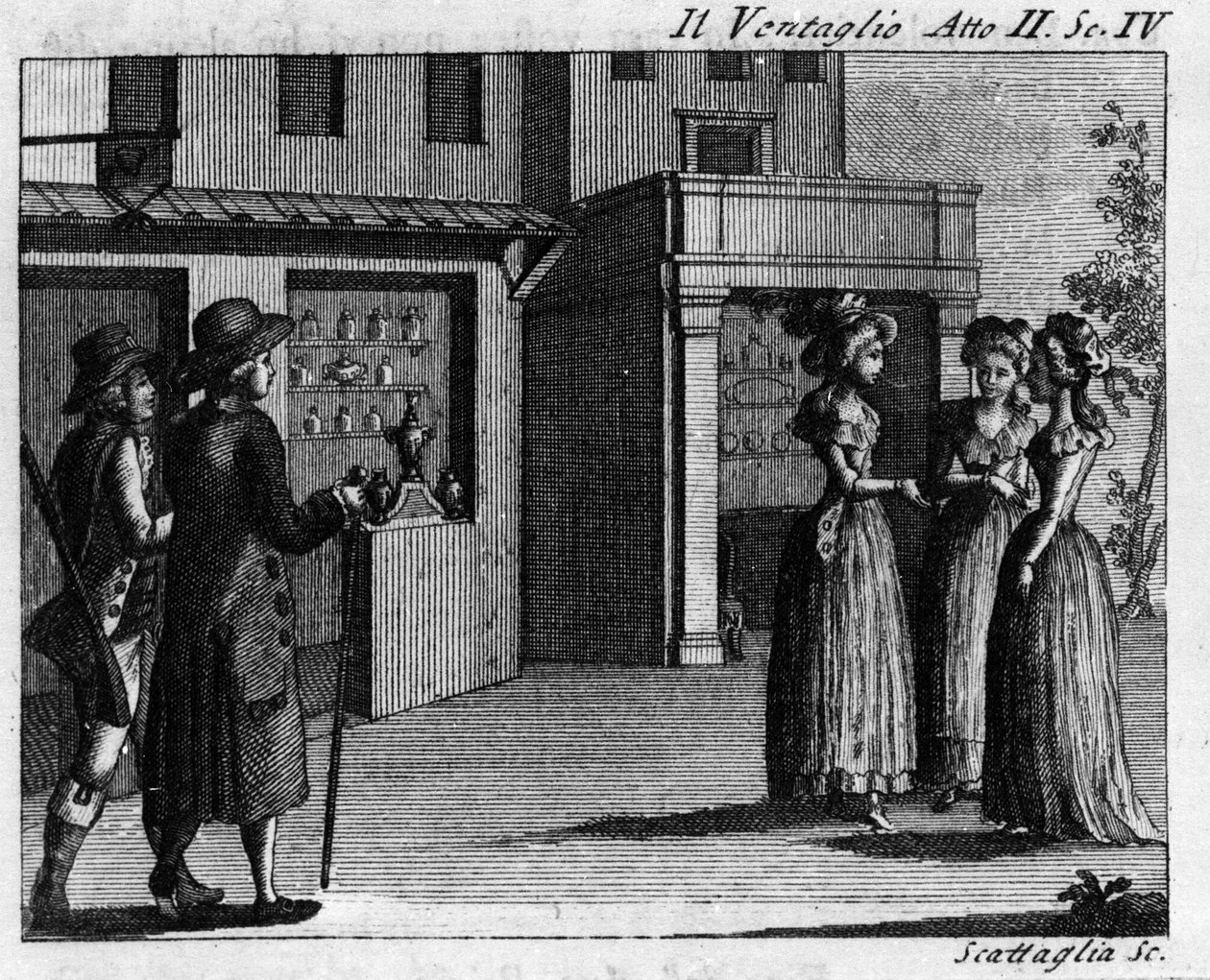 Scéna 4 dějství II z komiksu „Il ventaglio““ (Událost) (1764) od Carla Goldoniho (1707-1793). Rytina 18. století od Italian School
