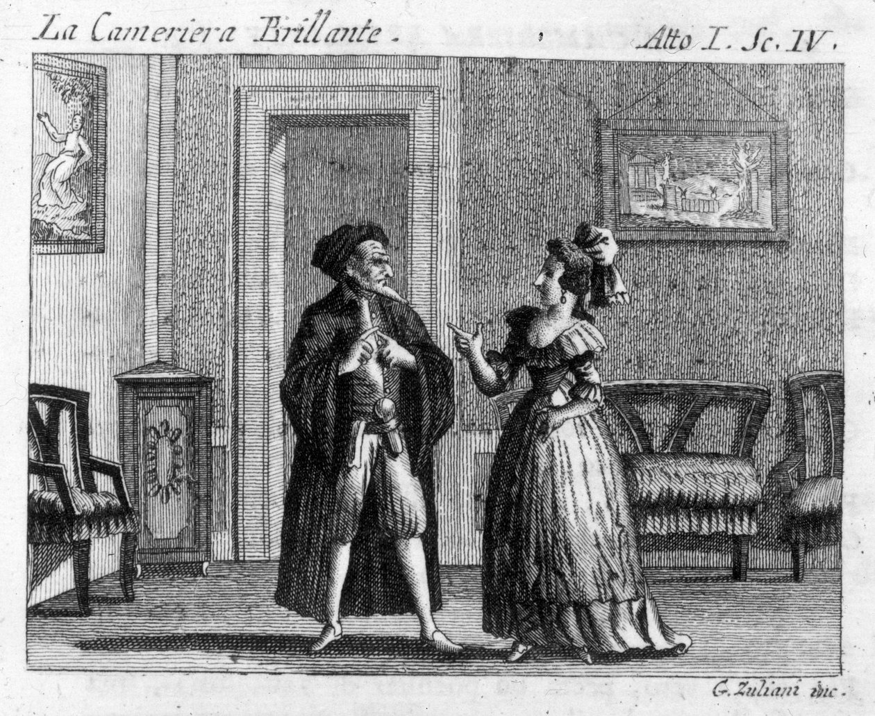Scéna 4 z prvního dějství komiksu „La cameriera brillante““ (Brilantní služebná) (1754) od Carla Goldoniho (1707-1793): stoly. Rytina 18. století od Italian School