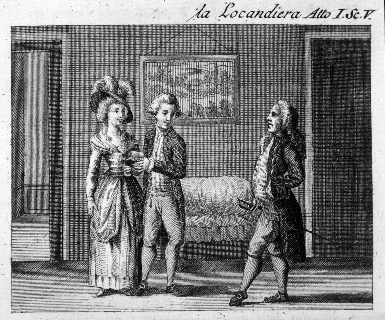 Scéna 5 z prvního dějství díla „La locandiera““ (1753) od Carla Goldoniho (1707-1793). Rytina 18. století od Italian School