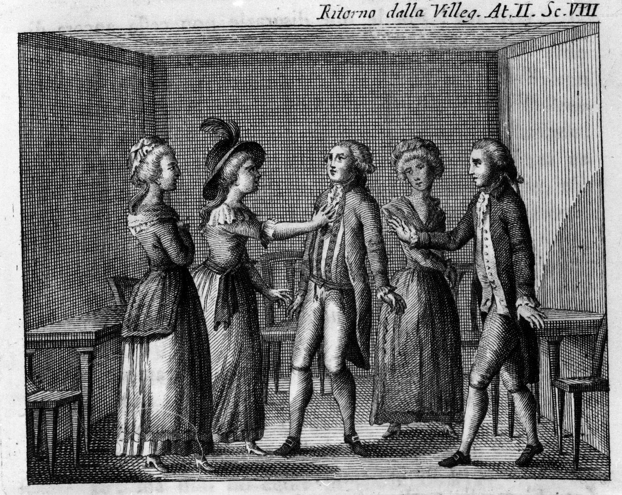 Scéna 8 dějství II z komiksu „“Ritorno della villeggiatura““ (Návrat města) (1761) od Carla Goldoniho (1707-1793). Rytina 18. století od Italian School