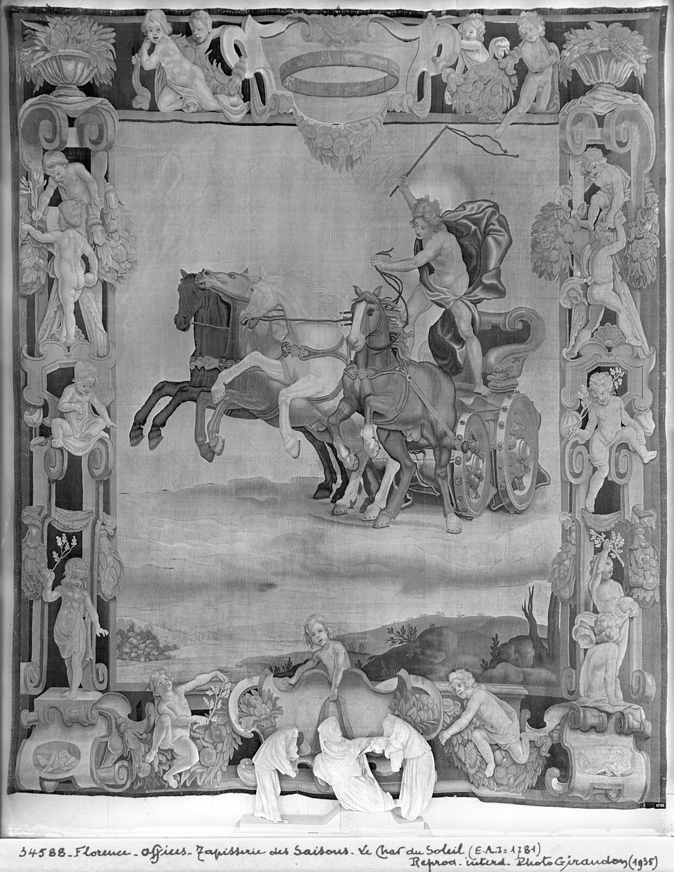 Tapestry Seasons, Apollo řídí vůz Slunce, kolem 1642 (vlna a hedvábí) od Italian School