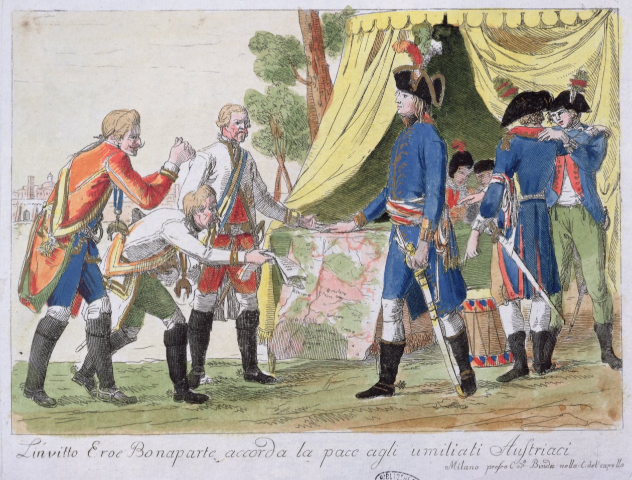 Podepsání smlouvy z Campo Formio mezi Francií (zastoupenou Bonapartem) a Rakouskem (zastoupené Cobenzlem) v roce 1797 od Italian School