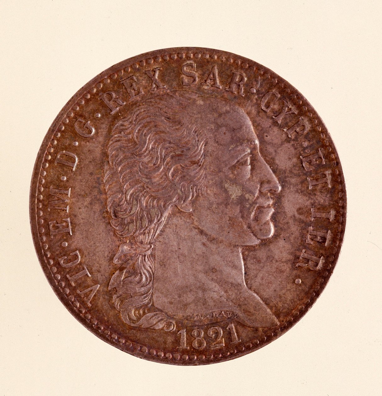 Stříbrná italská mince (ecu) z království Sardinie: vláda Vittoria Emanuela I. (Victor Emmanuel I) (1759-1824). 1821. Prům. 3,8 cm Neapol, museo archeologico od Italian School