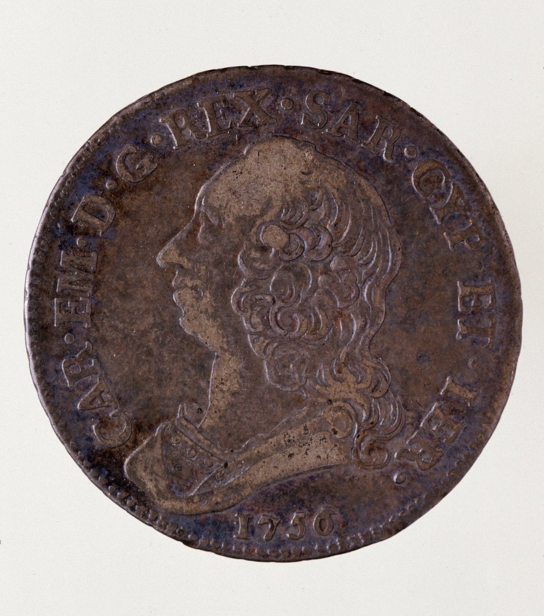 Stříbrná italská mince (půl ECU) ze Sardinského království: Vláda Carla Emmanuela III. Savojského (1701-1773). 1756. Průměr. 3,7 cm Neapol, archeologické muzeum od Italian School