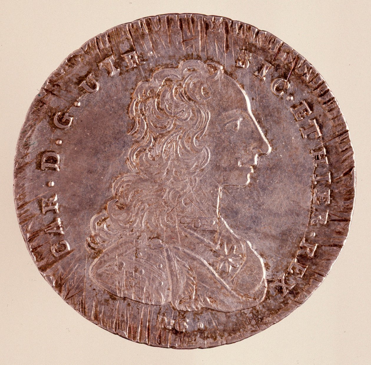 Stříbrná Piastra z Neapole: Vláda Karla III Španělska (1716-1788) a Portrét. 1750. Průměr. 4 cm Neapol, archeologické muzeum od Italian School