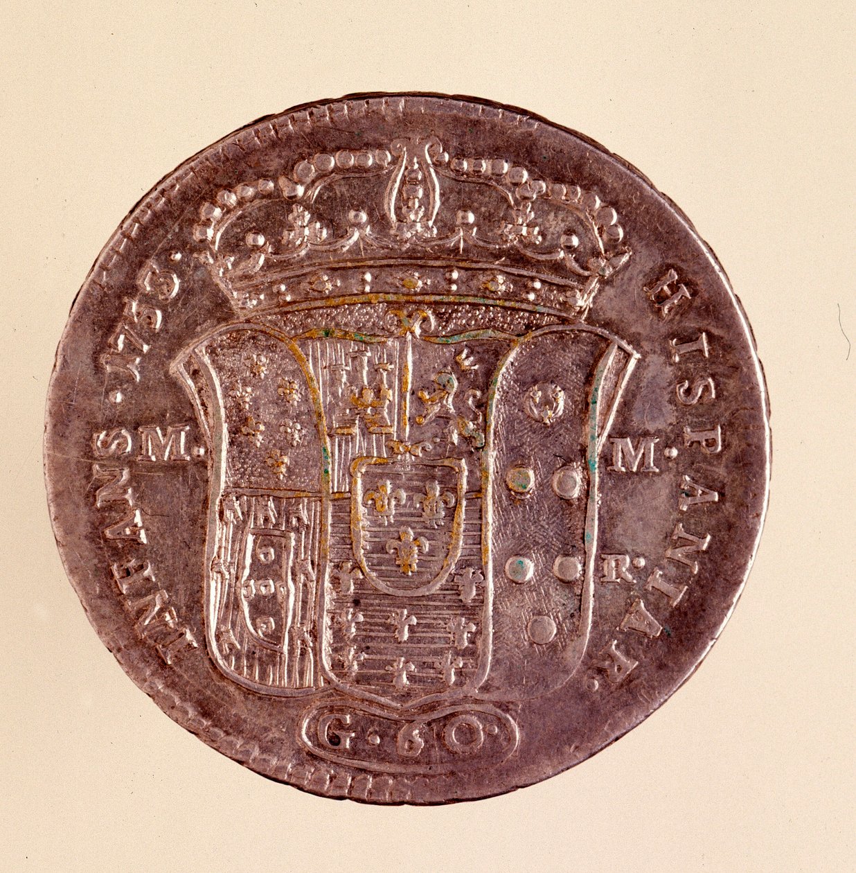 Stříbrná piastra z Neapole: Vláda Karla III Španělska (1716-1788). 1750. Průměr. 4 cm Neapol, archeologické muzeum od Italian School