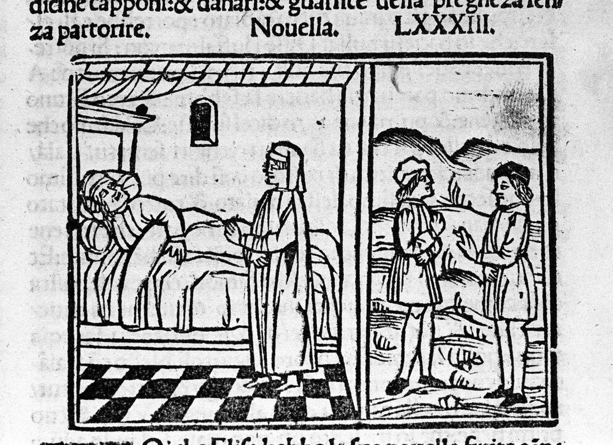 Simone přiměje Calandrina myslet si, že nosí v žaludku dítě. Ilustrace ke zprávě 83 (Nová 3 devátého dne) „Dekameronu“ od Giovanniho Boccaccia dit Jean Boccaccia (1313-1375), italského spisovatele. Gravírování „“ Decamerone ouer Cento nouell od Italian School