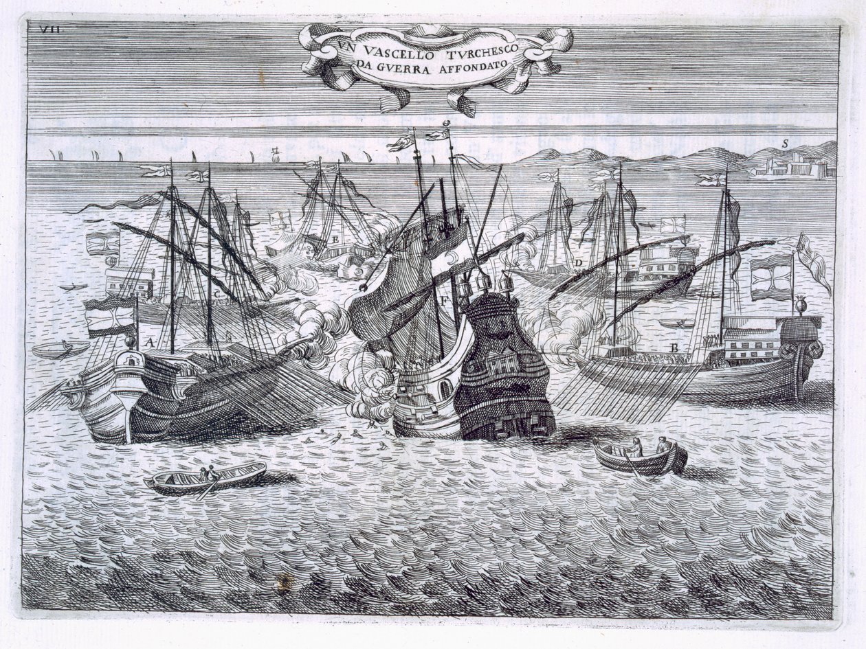 Potápění turecké válečné lodi, ilustrace z „Hodnoty Toskánska v nejvýznamnějších podnicích rytířů Santo Stefano“ od Fulvia Fontany, vyryto H. Vincentem, 1701 od Italian School