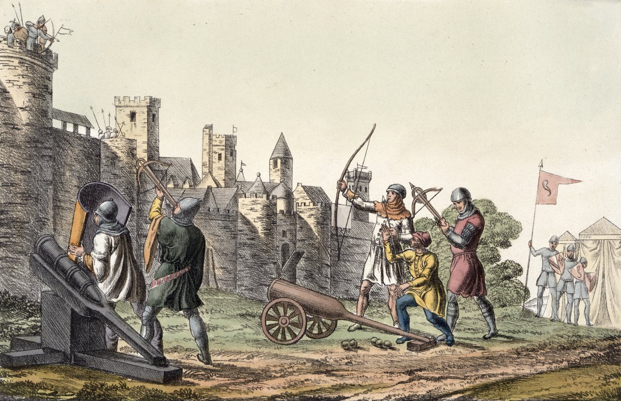 Vojáci a dělostřelectvo 15. století, deska 16 z Historie národů (akvatinta) od Italian School