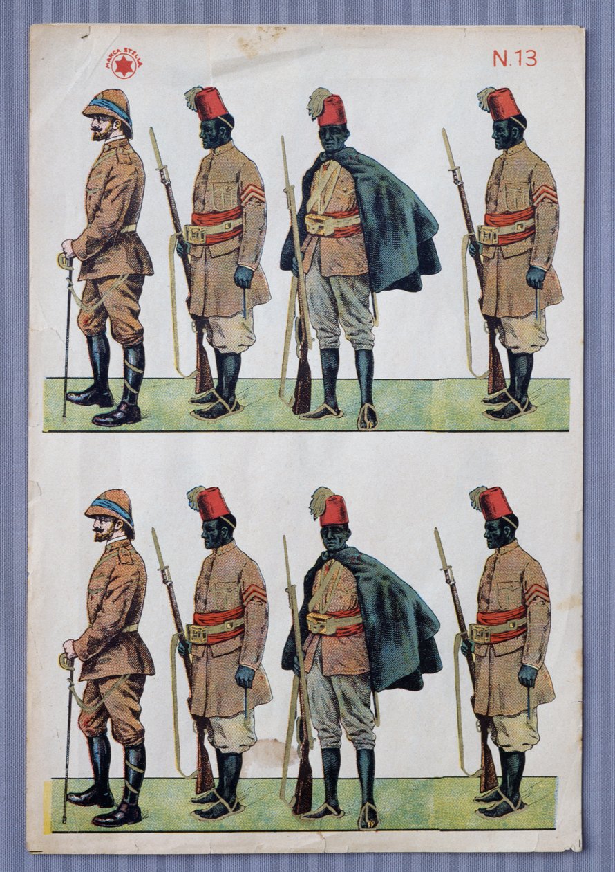 Vojáci v uniformách Ascari, papírové vystřihovánky vojáků, zlacená litografie, autor Stella, Itálie, 20. století od Italian School