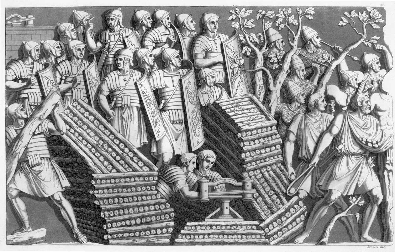 Vojáci, možná staví pontonový most nebo obléhací stroj, možná z Trajanova sloupu, z Customs of the Romans, asi 1800-10 (lept a akvatinta) od Italian School