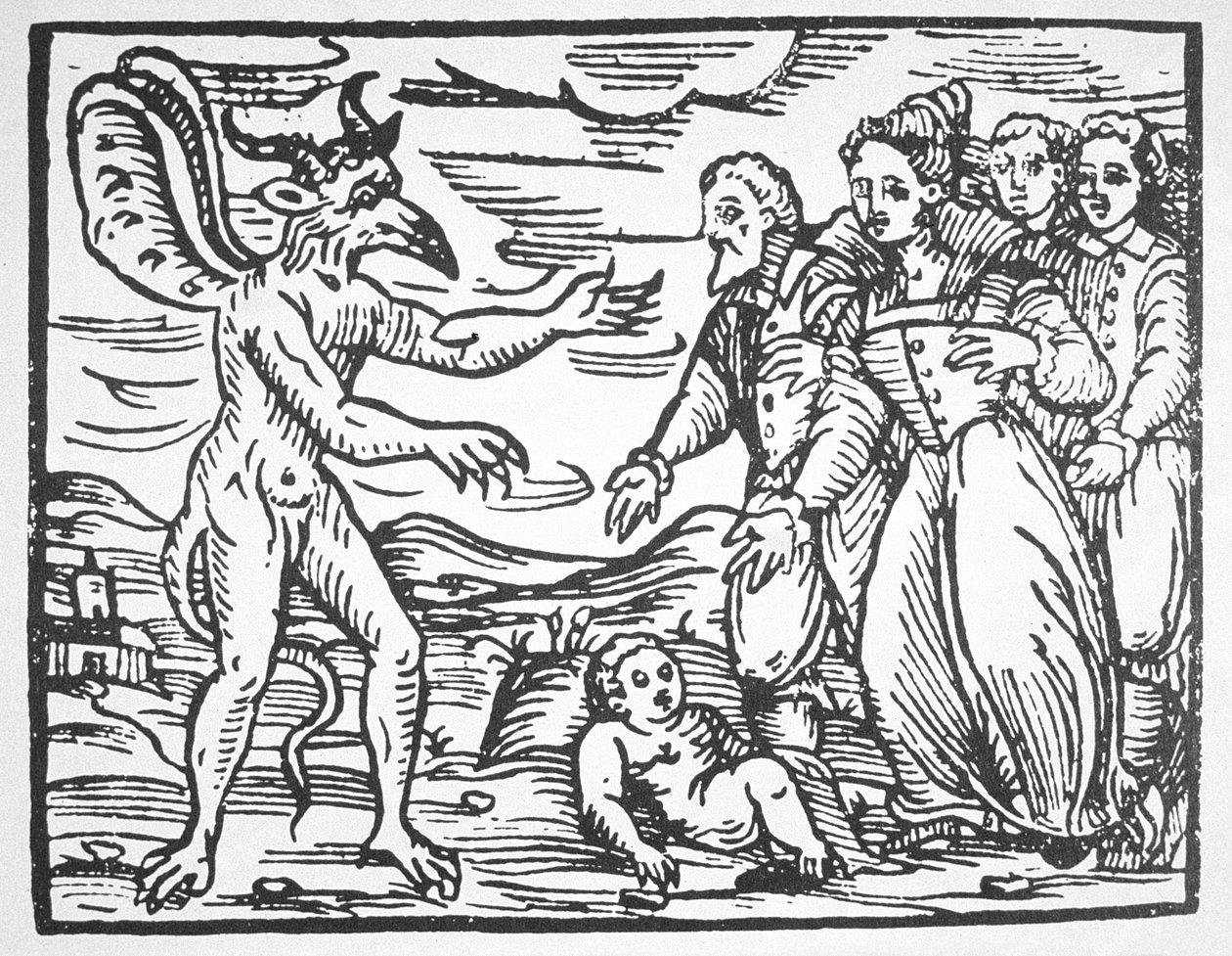 Čarodějové představující dítě ďáblovi, z Compendium Maleticarum od P. M. Guaccius (1608) ilustrovaný v historii magie publikované koncem 19. století od Italian School