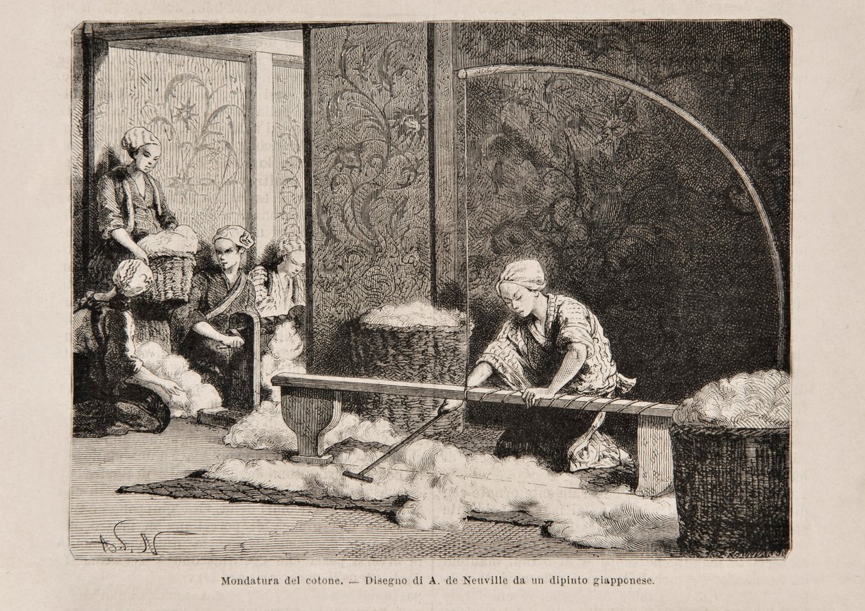 Spinning Cotton, Japonsko, z italského vydání Tour du Monde, 1869 od Italian School