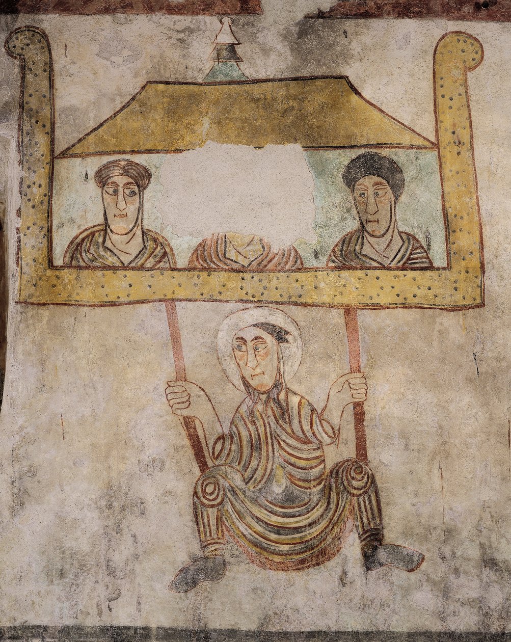 St. Proculus houpající se na laně, detail z fresek (8. století), kostel sv. Procula, Naturno, Val Venosta, Trentino-Alto Adige, Itálie od Italian School