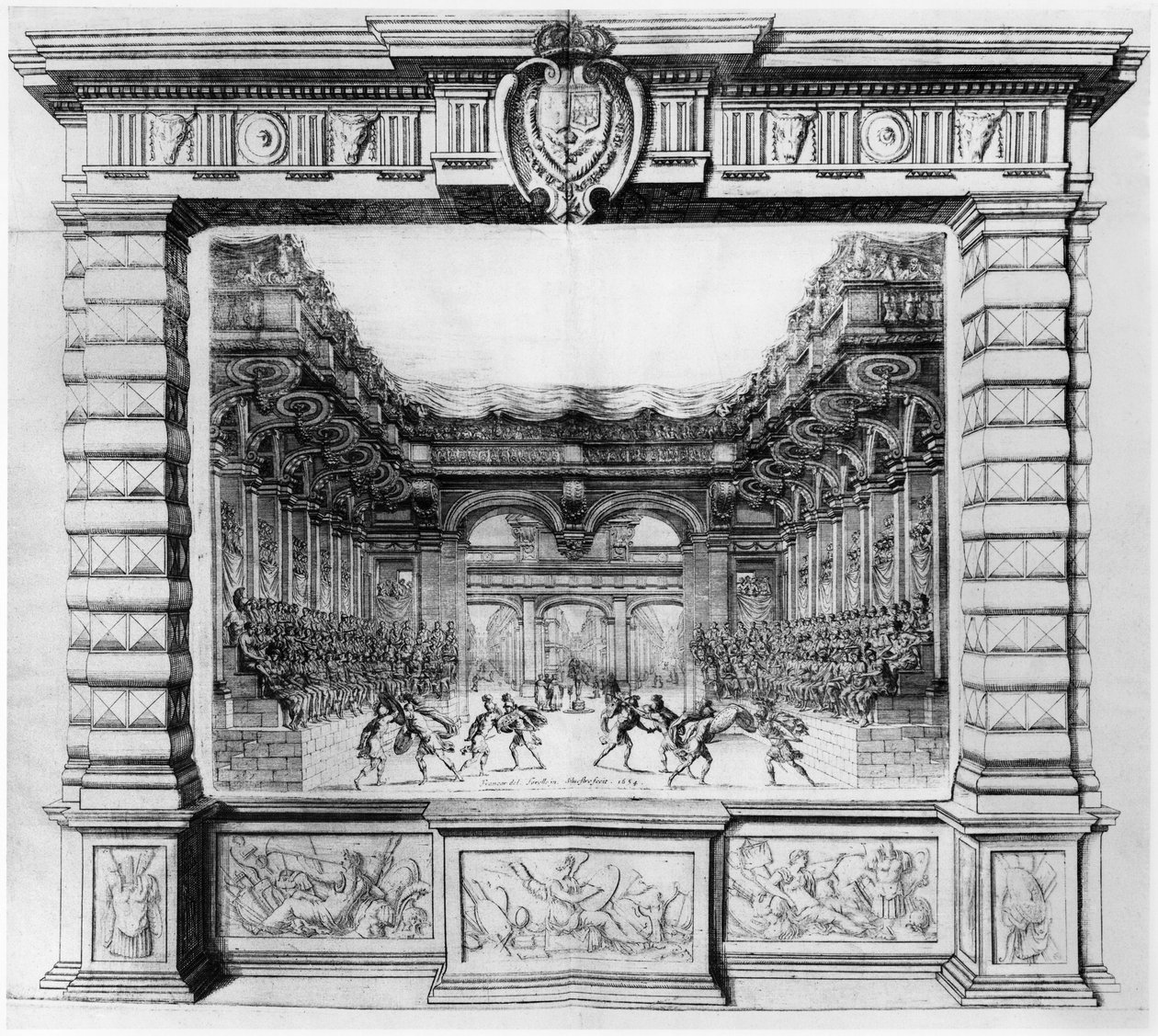Scénický návrh Giacoma Torelliho (1608-78) pro la Finta Pazzu uvedenou v roce 1645 v divadle Petit Bourbon v Paříži, 1654 od Italian School