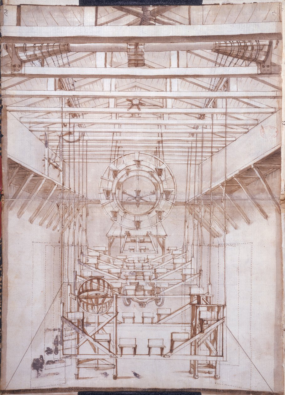 Jevištní zařízení pro opery v divadle San Salvatore v Benátkách, 1675 (pero a inkoust na papíře) od Italian School