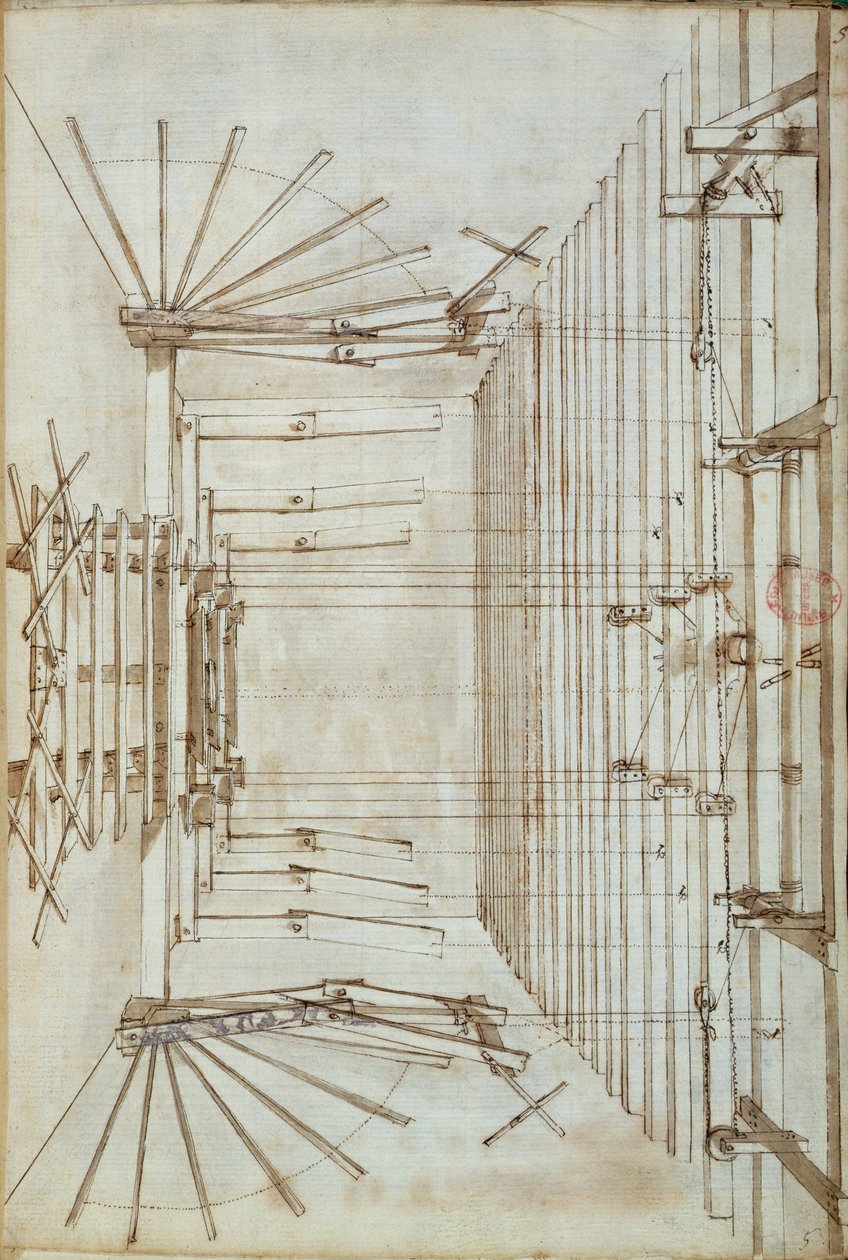 Jevištní zařízení pro opery v divadle San Salvatore v Benátkách, 1675 (pero a inkoust na papíře) od Italian School