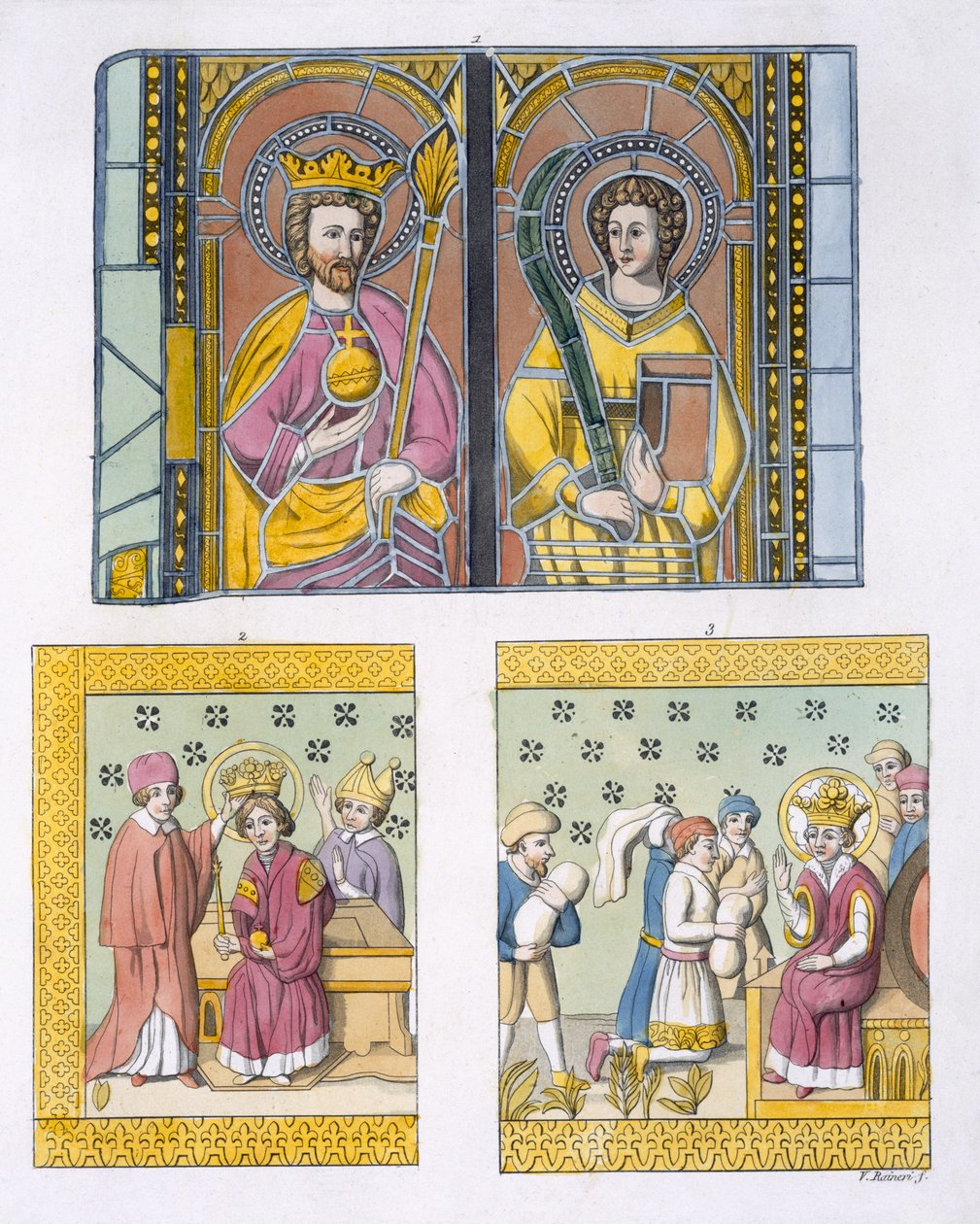 Dekorace z barevného skla ze starého kostela v Uppsale, deska 42 z Le Costume Ancien et Moderne od Julese Ferraria, vydáno kolem 20.–30. let 19. století od Italian School