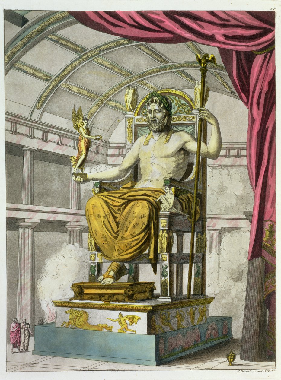 Socha Jupitera v chrámu, z Costumi dei Romani, vyryla Angelo Biasioli (1790-1830), kolem 1805-20 (akvatinta) od Italian School