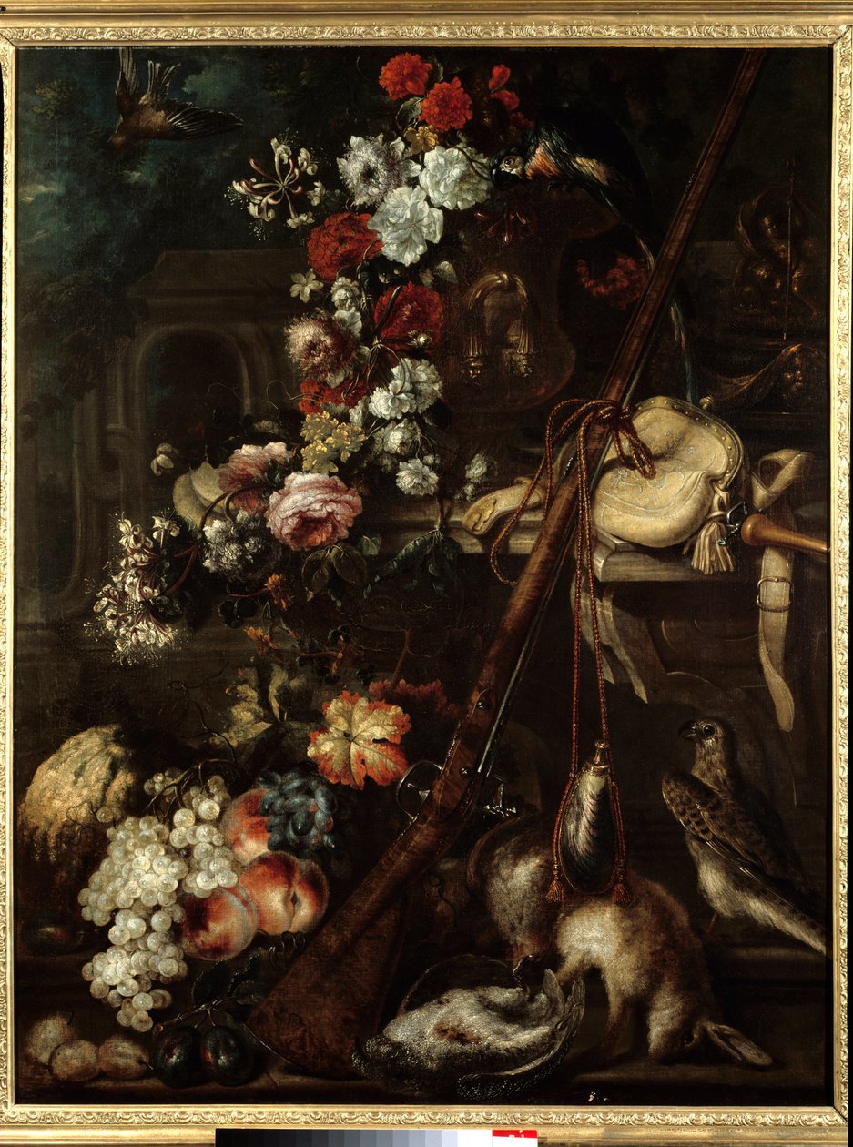 Zátiší květin, hra a puška Malba italské školy 17. století - ne 1,18x0,91 m Bayonne, Musee Bonnat od Italian School