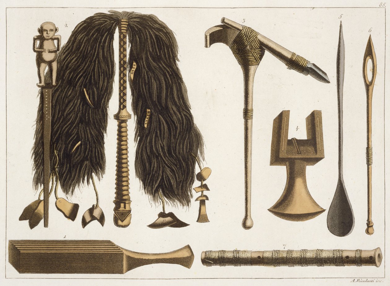 Tahitské nástroje a obřadní nástroje, ilustrace ze sbírky cestopisů z počátku 19. století od Italian School