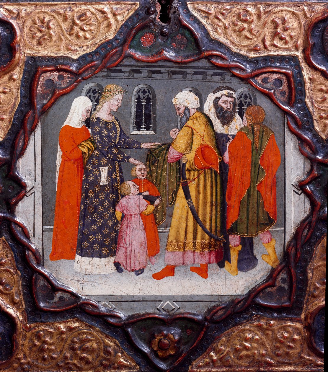 Tenth day, ninth news: the day of Messer Torello and Saladin (1138-1193) (Salah al Din Yusuf al-Ayyubi (al Ayyubi). Painted box illustrating the “Decameron”” by Giovanni Boccaccio (Jean Boccaccio) (1313-1375). 15th century. Florence, Museo Nazionale del Ba od Italian School