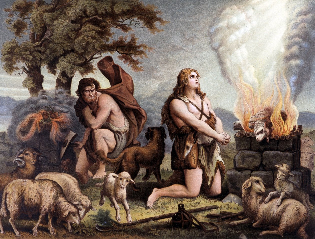 Klanění beránka (Kain a Ábel) – Cain et Abel (obětování ovce) v knize „Golden Classic Bible: History of Divine Revelation in the Ancient and New Tension“ „od Giovanniho Ladislao Sykory (vol. 1), přeložil Don Clemente Benetti. (Itálie od Italian School
