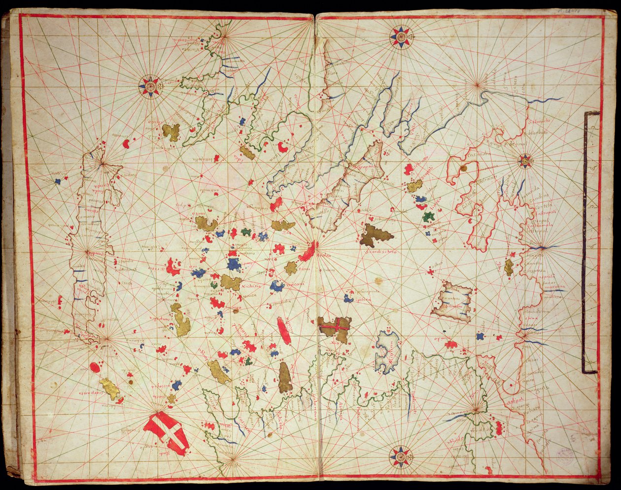Egejské moře, z námořního atlasu, 1646 (inkoust na pergamenu) (viz také 330940) od Italian School
