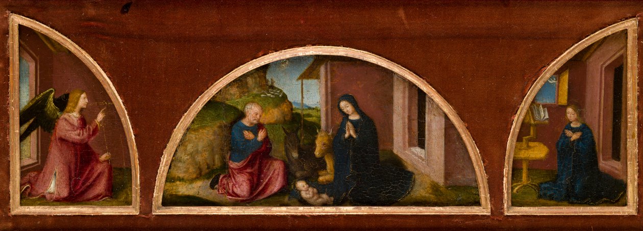 Zvěstování (demilunety vlevo a vpravo) a Narození Páně (centrální luneta) v jednom rámu, cca 1480 (olej na panelu) od Italian School