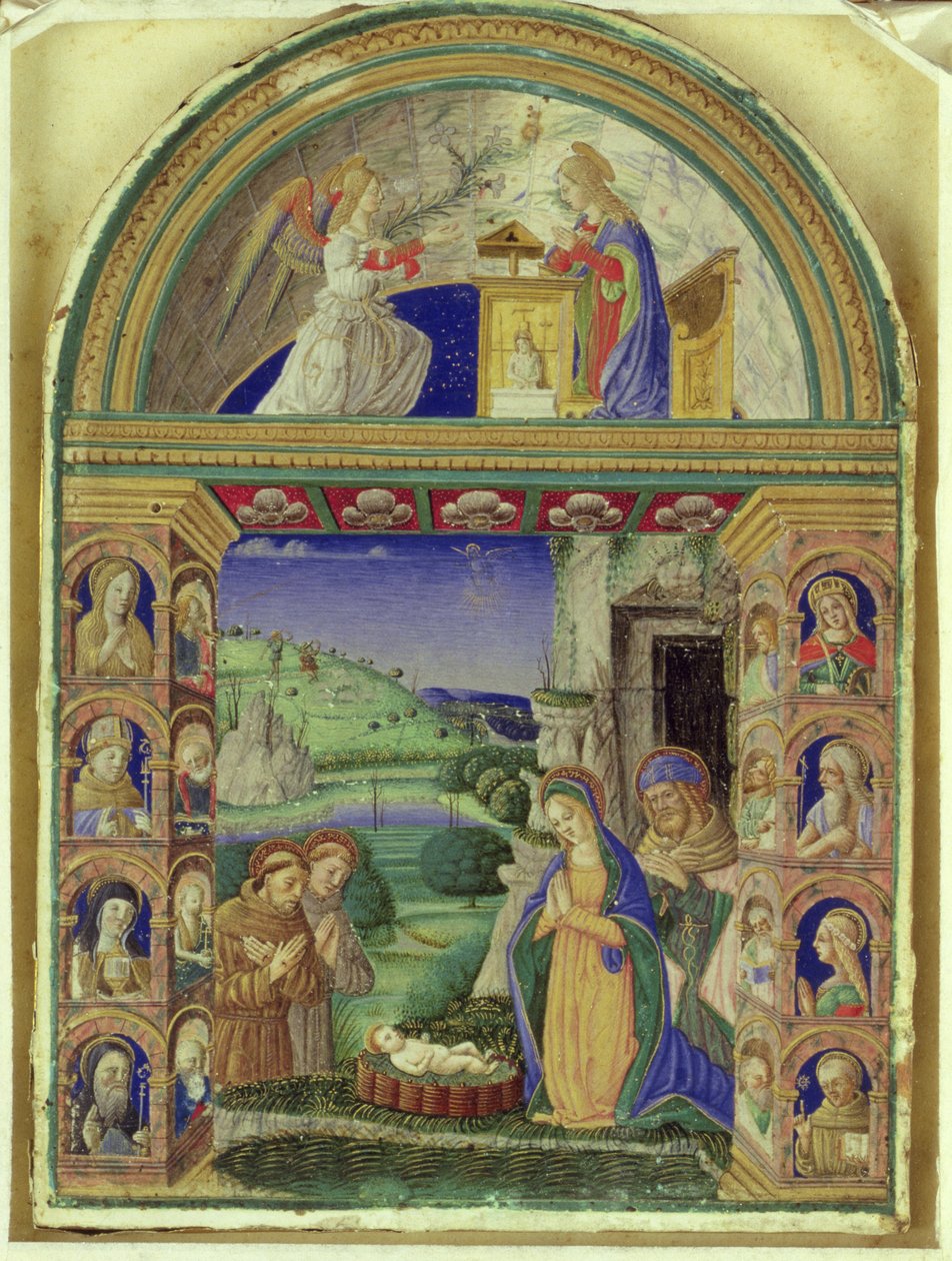 Zvěstování, Klanění dítěte Panně Marii, sv. Josef, sv. Antonín Paduánský a sv. František (vellum) od Italian School