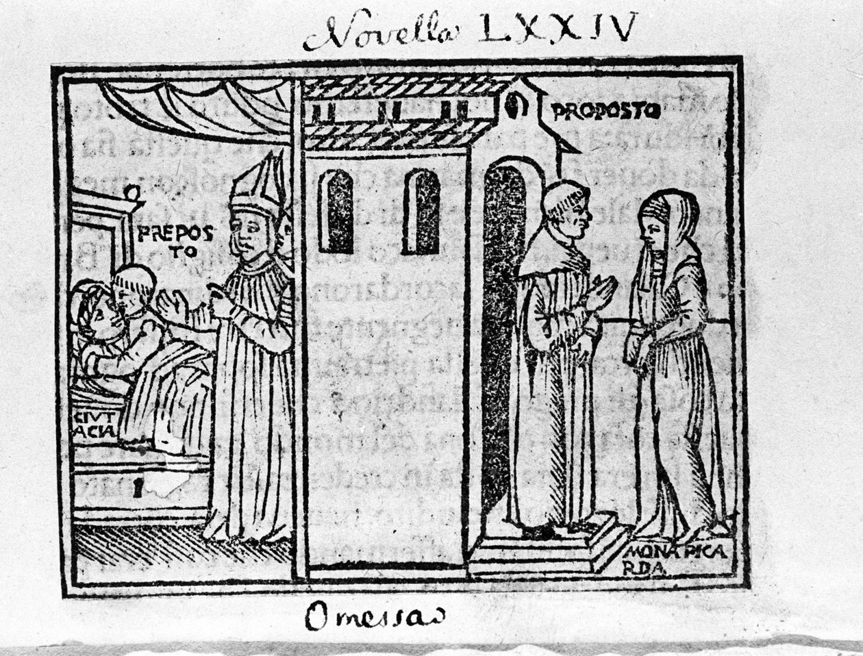 Arcikněz z Florencie překvapený předvečerem, když potkal ženu, kterou miluje. Ilustrace pro zprávy 74 (Nová 4 osmého dne) „Dekameronu“ od Giovanniho Boccaccia dit Jean Boccaccia (1313-1375), italského spisovatele. Gravírování v „“ Dekamerone o od Italian School