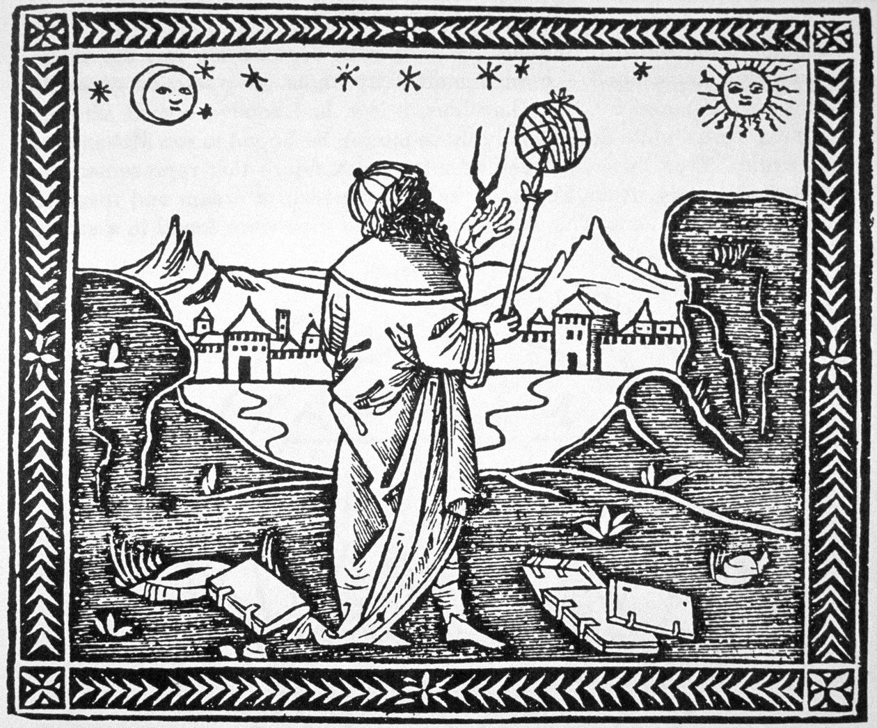 Astrolog Albumasar (787-885) kopie ilustrace z jeho Introductorium v Astronomiam, Benátky 1506, použitá v Historii magie, publikované koncem 19. od Italian School