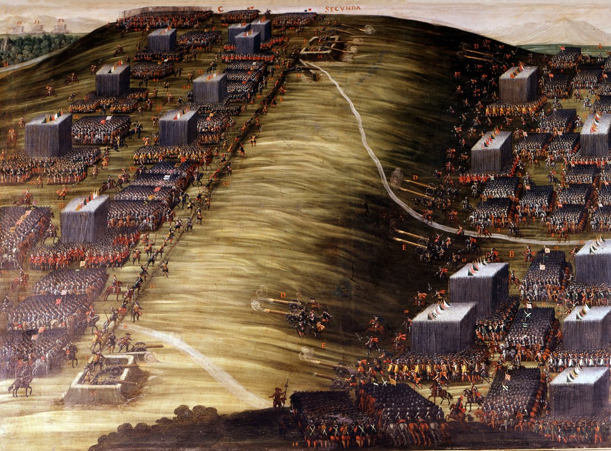 Bitva na Bílé hoře (třicetiletá válka) 8. listopadu 1620 mezi Čechy a habsburskou císařskou armádou. Olejomalba. Řím, sakristie kostela svatého starosty vítězství. od Italian School
