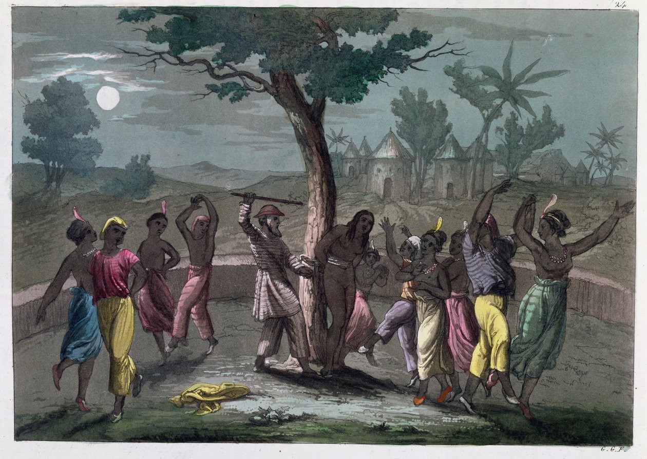 The Dance of the Mumbo-Jumbo, podle cest v parku Mungo, z A History of Costume od J. Ferraria, vydané v Miláně kolem roku 1820 od Italian School