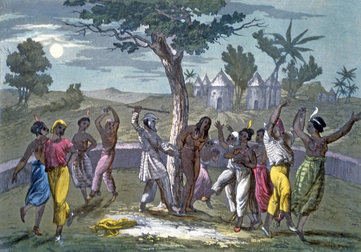 The Dance of the Mumbo-Jumbo, podle cest v parku Mungo, z Historie kostýmu od J. Ferrario, hospoda. c.1820 od Italian School