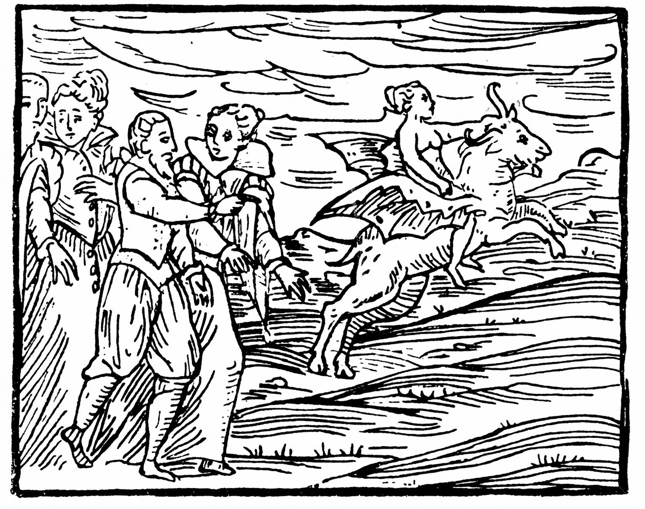 Ďábel v podobě létajícího kozla, který nese čarodějnici na sabat, ilustrace z Compendium Maleficarum od Francesca Maria Guazza, 1608 od Italian School