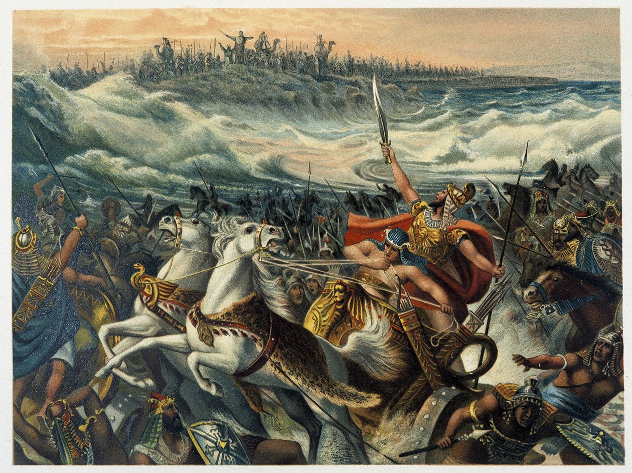 Egypťané tonoucí se v Rudém moři - v „Klasické zlaté bibli: Historie Božího zjevení ve starověkém a novém stresu“ od Giovanniho Ladislao Sykory (vol. 1), přeložil Don Clemente Benetti. (italská bible) od Italian School