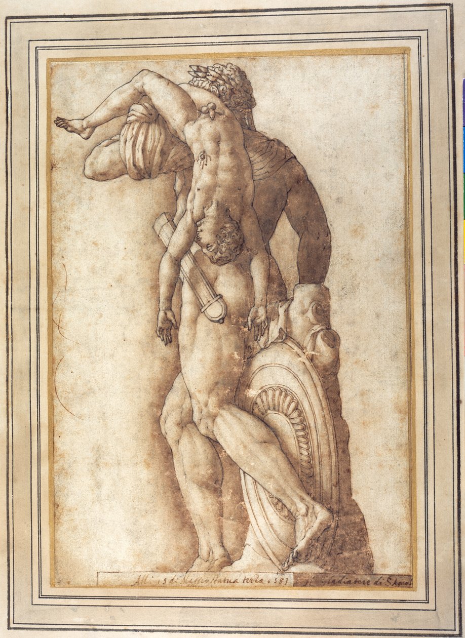 Císař Commodus jako gladiátor (pero a inkoust s praním na papíře) od Italian School