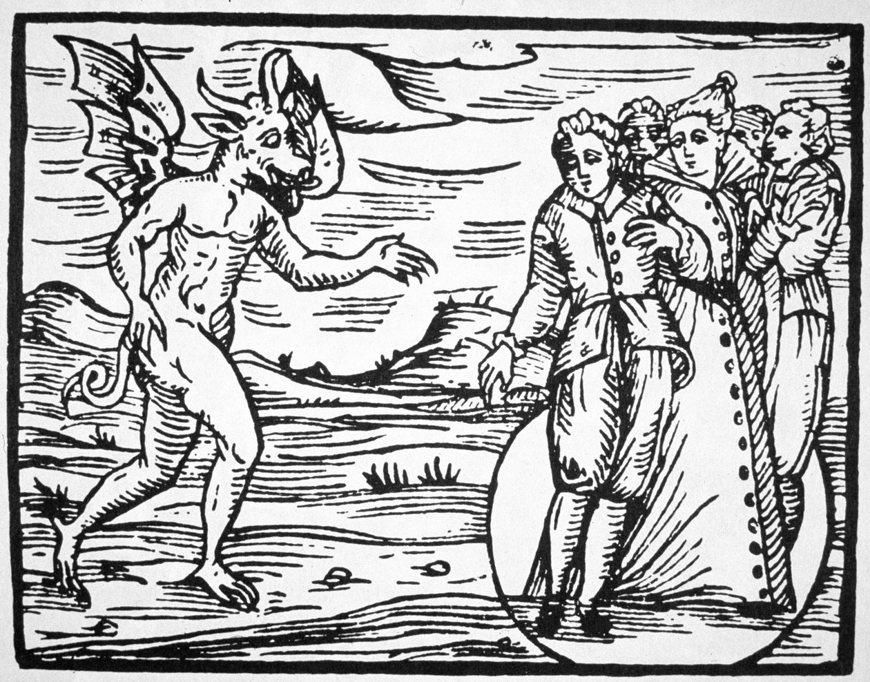 Evokace ďábla, kopie ilustrace z Compendium Maleticarum od P. M. Guaccius, Milán 1608, použitá v Historii magie, vydané koncem 19. století od Italian School